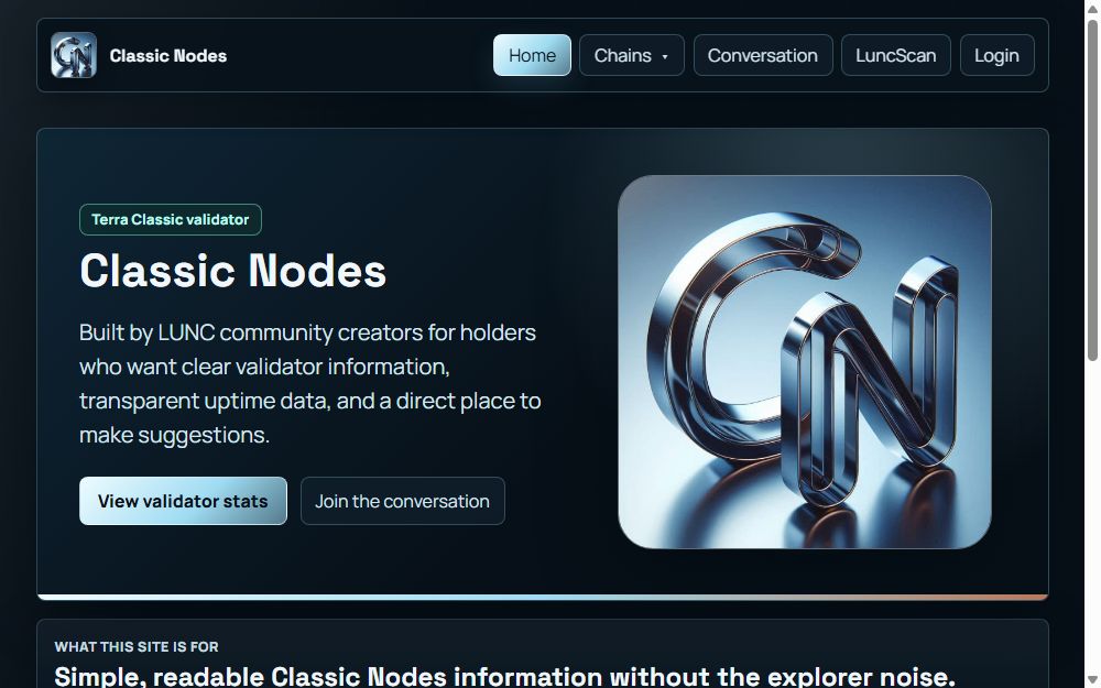 Screenshot of the Classic Nodes Terra Classic validator website project