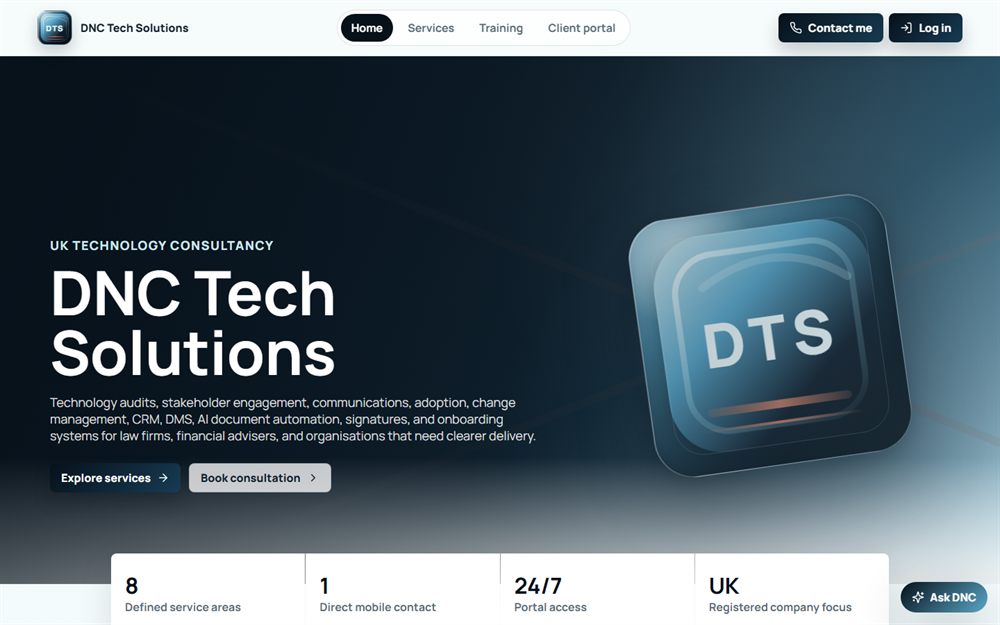 Screenshot of the DNC Tech Solutions consultancy website project