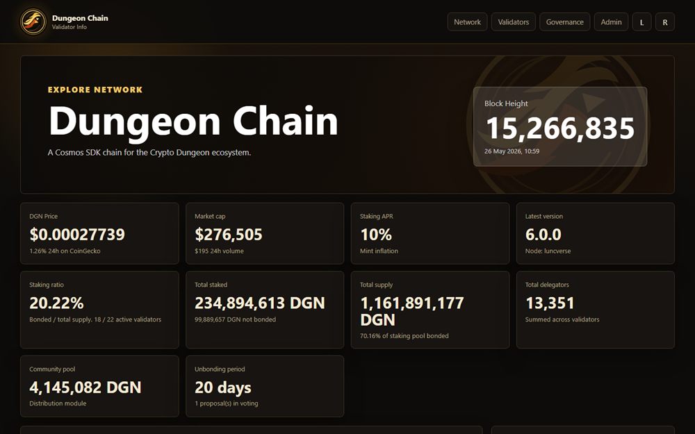 Screenshot of the Dungeon Chain blockchain dashboard website project